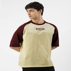 Maniac Mens Printed Round Neck raglan Half Sleeve Butterscotch and Burgundy Cotton Oversized Tshirt