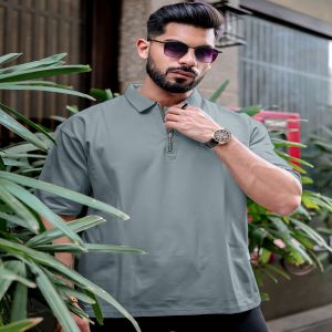 Maniac Mens Polo Neck 3/4th Sleeve Light Grey Cotton Oversized T-Shirt