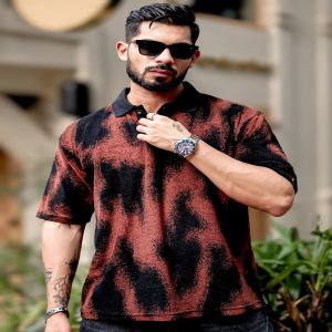 Maniac Mens Spray Art Polo Neck 3/4th Sleeve Maroon Cotton T-Shirt