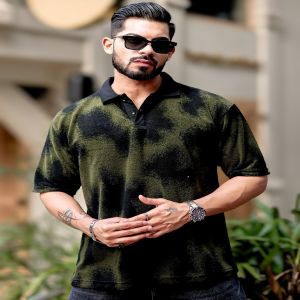 Maniac Mens Spray Art Polo Neck 3/4th Sleeve Olive Cotton T-Shirt