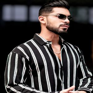 Maniac Mens Vertical Stripes Full Sleeve Terry Fabric Black Slim Fit Shirt
