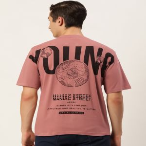 Maniac Mens Printed Round Neck Half Sleeve Cotton Pink Slim Fit Tshirt