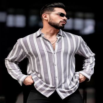 Maniac Mens Vertical Stripes Full Sleeve Terry Fabric Grey Slim Fit Shirt