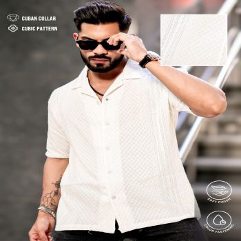 Maniac Mens Solid Textured Half Sleeve White Poly Jacquard Fabric Shirt