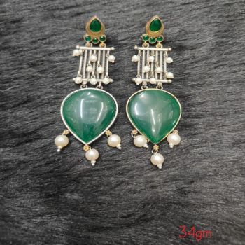 Brass Silver Oxidised Green tone with Kundan Earrings