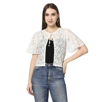 ESPRESSO Women Butterfly Sleeve 95% Cotton 5% Nylon Shawl Collar Lace Tie Up Shrug 
