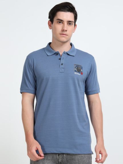 Stylesmyth Printed Chenille Knit Polo Half-Sleeve T-Shirt Denim