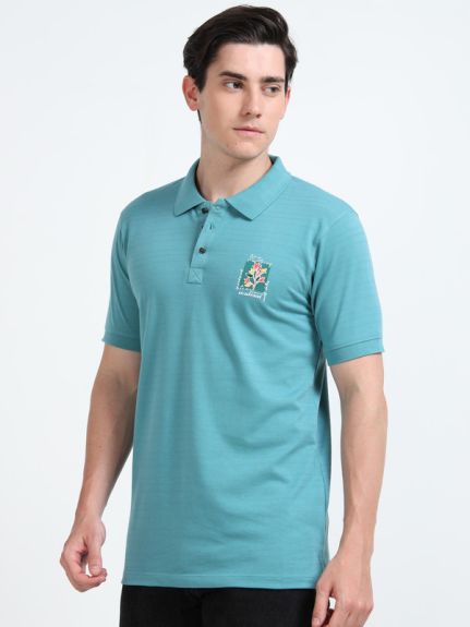 Stylesmyth Printed Chenille Knit Polo Half-Sleeve T-Shirt Seagreen