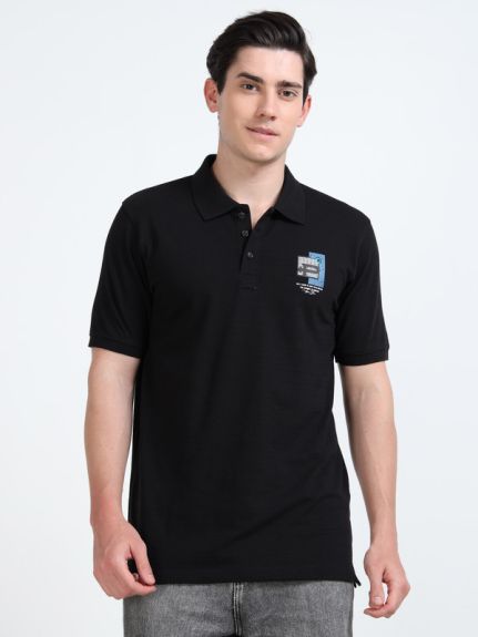 Stylesmyth Printed Chenille Knit Polo Half-Sleeve T-Shirt Black