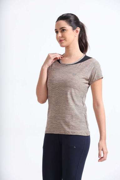 Activewear Warm Taupe Women Top - Overlap neck finish