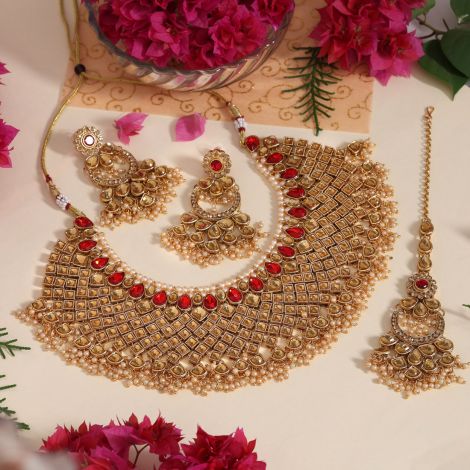 Red & Gold Color Kundan Necklace Set