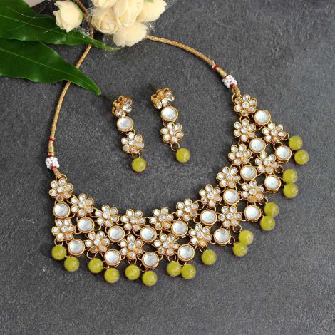 Lemon Yellow Color Kundan Necklace Set