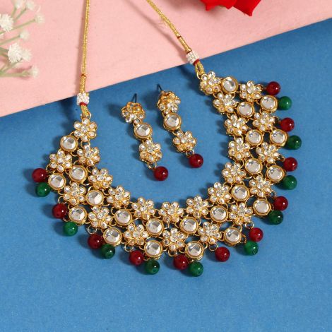 Maroon & Green Color Kundan Necklace Set