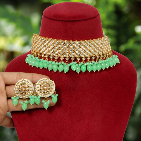 Parrot Green Color Kundan Choker Necklace Set