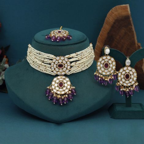 Light Purple Color Choker Kundan Necklace Set