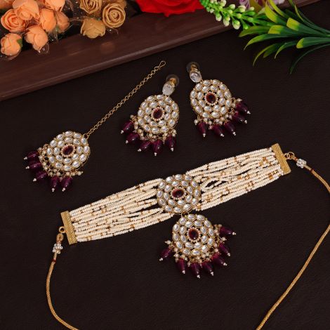 Purple Color Choker Kundan Necklace Set