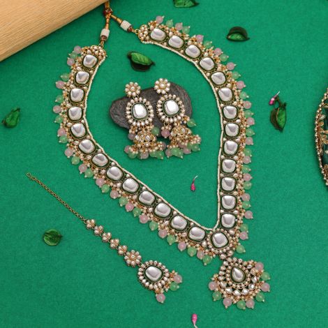 Pink & Parrot Green Color Long Kundan Necklace Set