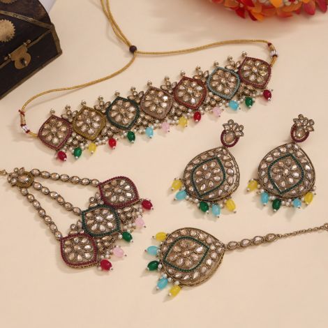Multi Color Pakistani Choker Kundan Necklace Set