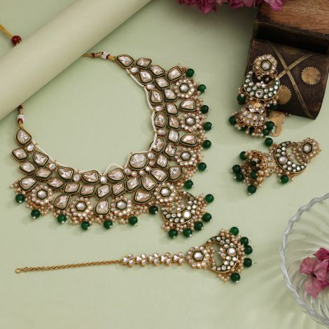 Green Color Meena Work Kundan Necklace Set