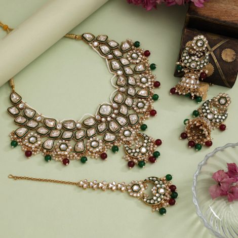 Maroon & Green Color Meena Work Kundan Necklace Set