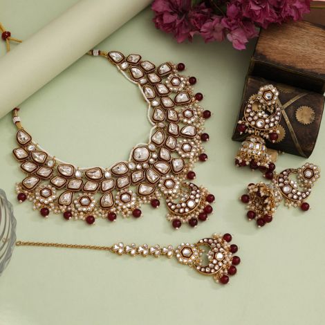 Maroon Color Meena Work Kundan Necklace Set