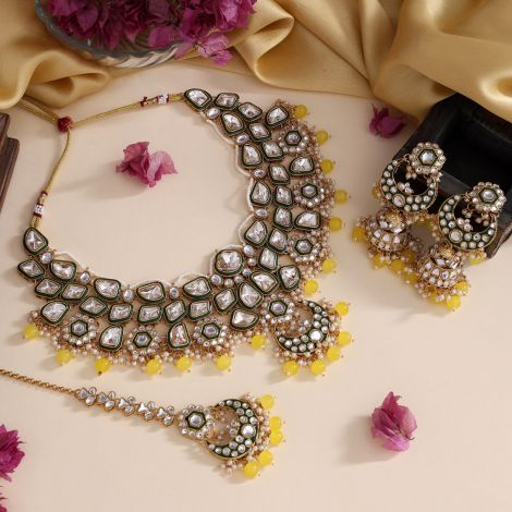 Yellow Color Meena Work Kundan Necklace Set