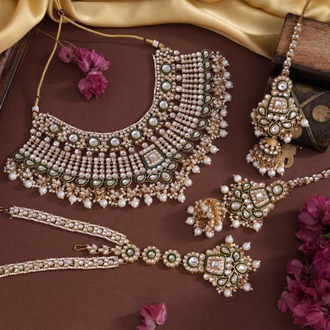 White Color Meena Work Kundan Necklace Set
