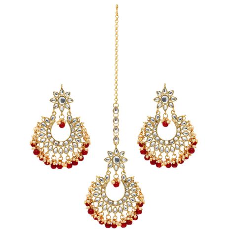 Maroon Color Imitation Pearl Kundan Necklace With Earrings & Maang Tikka For Women