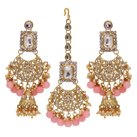 Peach Color Kundan Bridal Necklace With Earrings & Maang Tikka