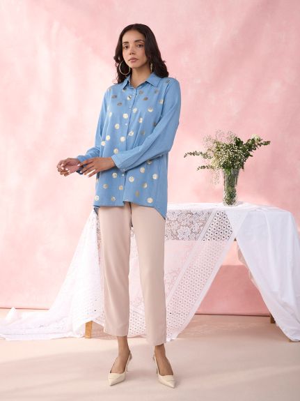 DENIM BLUE POLKA FOIL PROM SHIRT