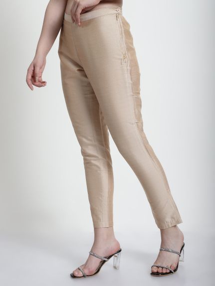 Cotton Silk Gold Brown Side Zip Pant