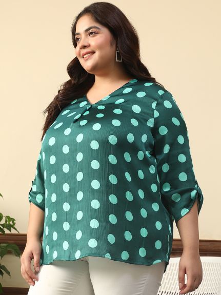 Women Plus Size Green Satin Chiffon Polka Dot Print V-Neck With Long Roll up Sleeve & Pleated Detailing Top