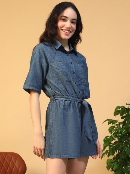 Women Navy Blue Collared Button Down Short Sleeve Elasticated With Tie-Up Wait Belt Cotton Denim Playsuit