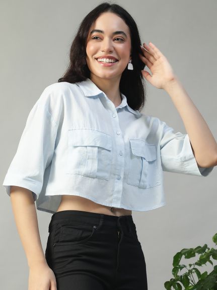 Women Solid Blue Collared With Button Fly Short Sleeve Cotton Linen Crop Shirt With Chest Pocket