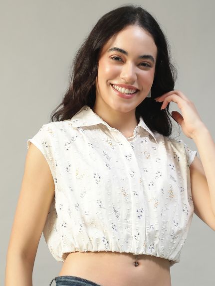 Women Off White Floral Print Collared Short Sleeve Button Down Cotton Dobby Crop Shirt