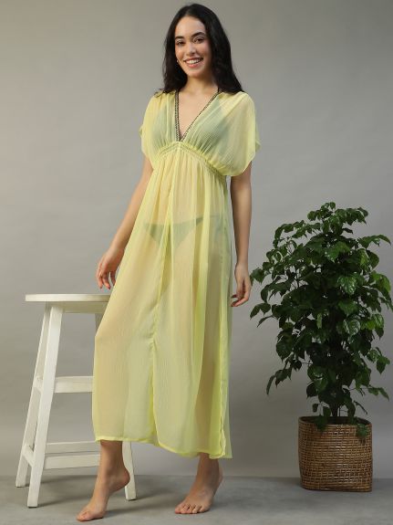 Women Solid Yellow V- Neck With Lurex Lace Detail Short Flutter Sleeve Elasticated Long Length Beachwear Chiffon Dress With Side Slits