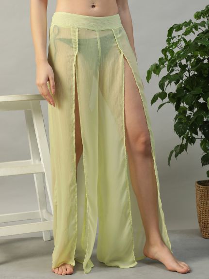 Women Solid Yellow Chiffon Beach Pants with Elastic Waist & Front Slit
