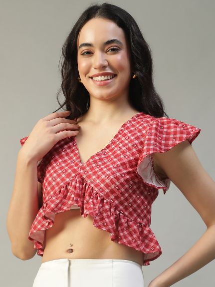 Women Red Check Print V-Neck Short Sleeve Crop Top with Ruffle Detail in Slub Fabric