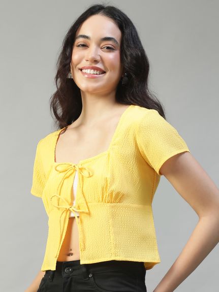 Women Solid Yellow Round Neck With Front Tie-Up Detail Short Sleeve Seersucker Dobby Top