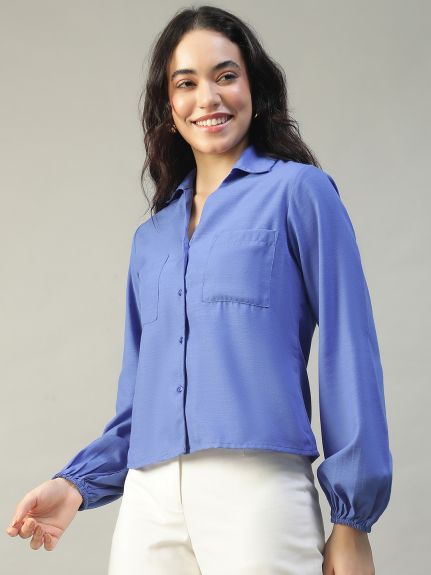 Women Solid Blue Collared Button Down Long Sleeve Slub Fabric Shirt With Chest Pocket
