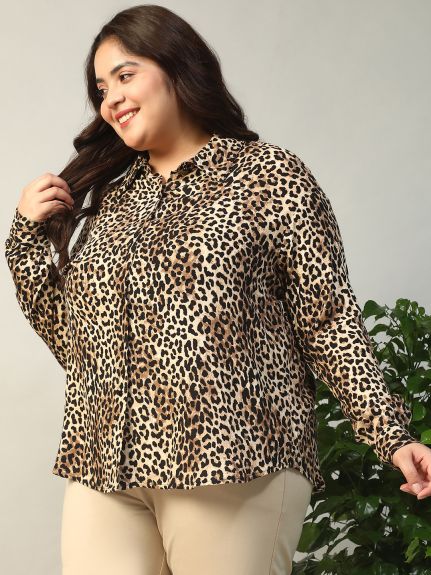 Women Plus Size Multicolor Animal Print Collared Long Sleeve Rayon Crepe Shirt