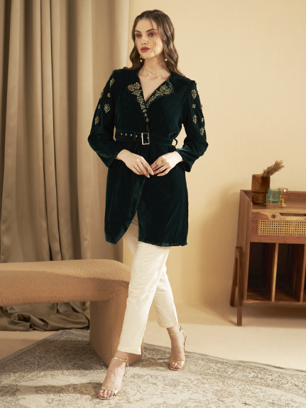 EMERALD GREEN JAGGED BEADED COAT