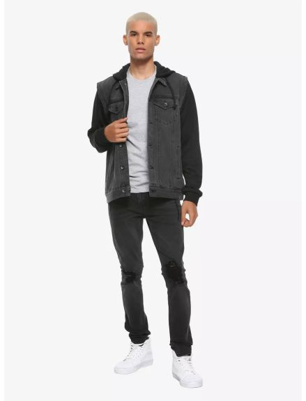 Black Grey Removable Hooded Denim Vest - Black & Grey