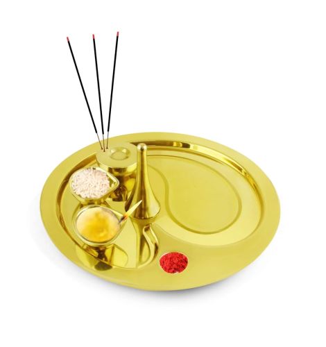 FNS Shubh Stainless Steel Pooja Thali in Gold Finish