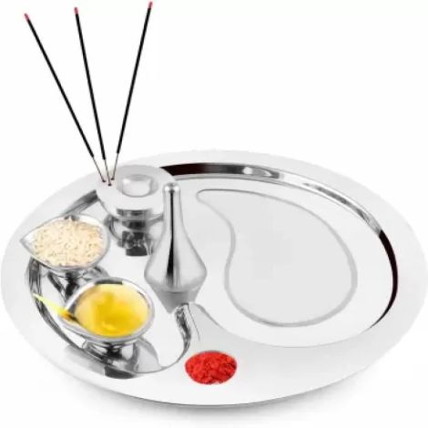 FnS Premium Stainless Steel Pooja Thali Set - 5 Pc Set (Silver) (Pooja Thali)