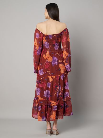 Floral Print Off-Shoulder Bishop Sleeve Georgette A-Line Maxi Dress