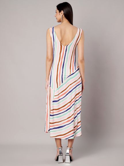 Striped A-line White Midi Dress