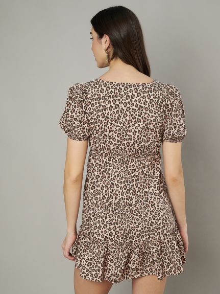 Women Animal Print Puff Sleeve A-Line Mini Dress