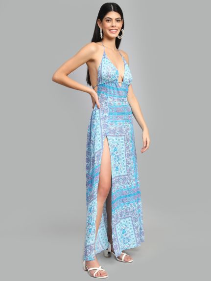 Women's Scarf Printed High Slit Blue Maxi Dress