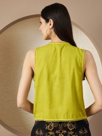 Women Mustard embroidered shrug with neck tie-up details